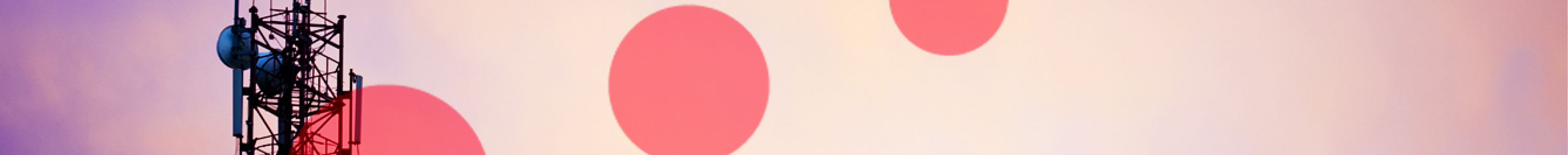 Banner-style image showing a silhouetted telecommunications tower with antenna dishes against a soft gradient sky, overlaid with large abstract red circles, conveying connectivity, network infrastructure, and a modern, technology-focused theme.
