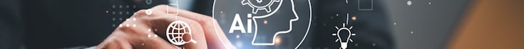 A hand navigating a transparent screen with an AI icon at the centre