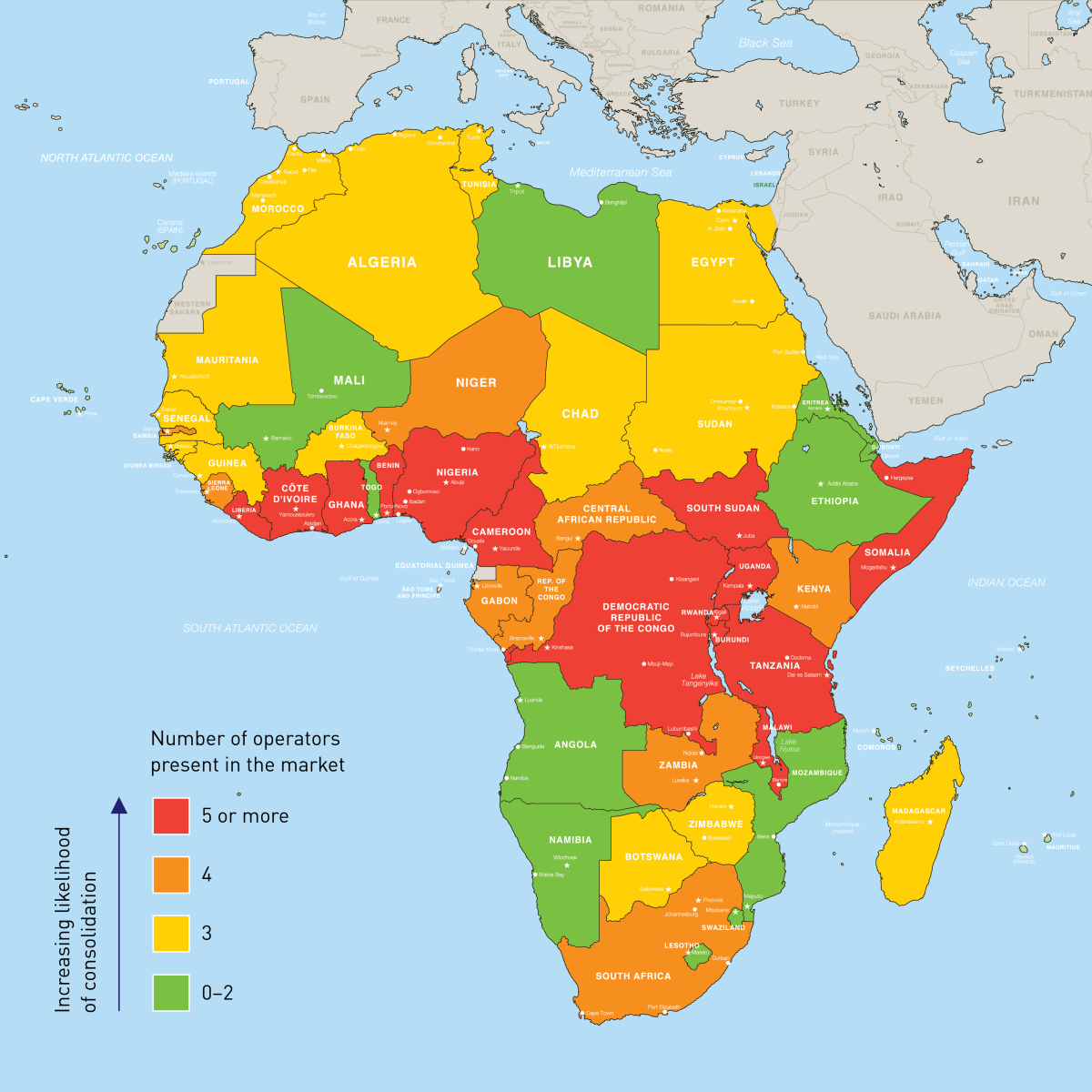 Figure 1: Number of mobile operators present by country, Africa [Source: Analysys Mason, 2013] 