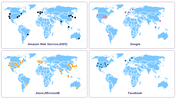 Figure 1: Sample of content providers’ global data centres [Source: Analysys Mason, Amazon, Facebook, Google and Microsoft, 2018]