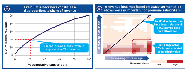 Figure 1: Understanding usage behaviour and revenue concentration among premium subscribers [Source: Analysys Mason client project, 2015]